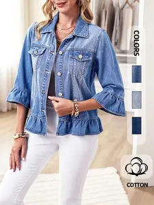 Women's Vintage Ruffle Washed Denim Jacket, Summer Lightweight High-Waisted Short Top, Casual Chic Fashion Female Denim Coat