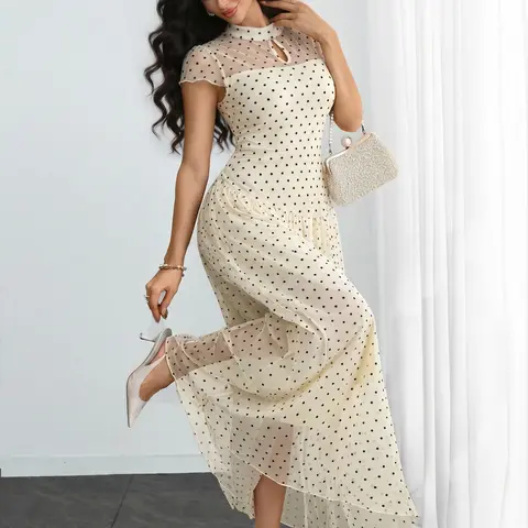 Women's Romantic French Style Polka Dot Print Dress, Elegant Vintage Short Sleeve Mesh Patchwork Mock Neck Dress, Ideal for Office & Daily Wear