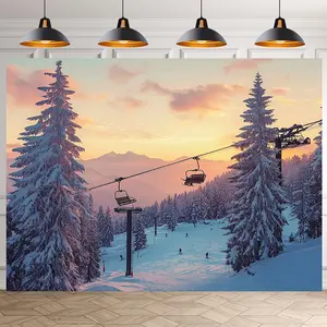 2D flat surface, 1 piece winter ski resort backdrop - large snow mountain ski lift and pine tree scene, with lift chair - durable, suitable for party decoration, photo booth backdrop, theme (no power required) - ski lift chair design, 2D flat surface