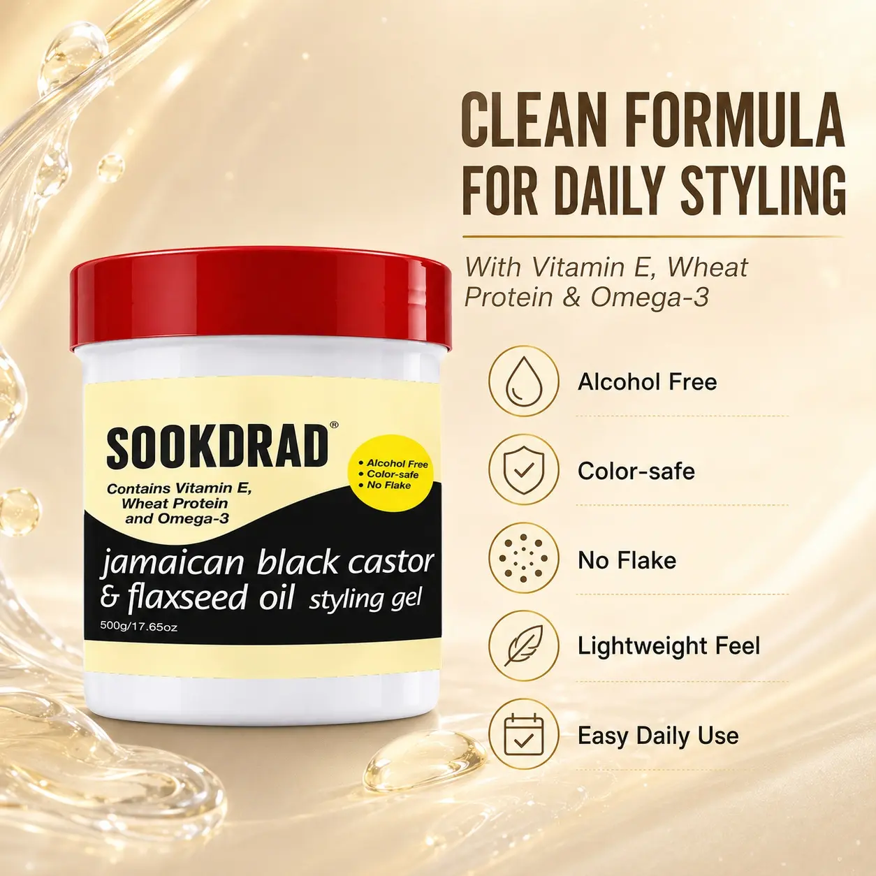 Jamaican Black Castor Flaxseed Oil Styling Gel, Contains Vitamin E, Wheat Protein, Omega-3, Alcohol Free, Color-safe, No Flake, Hair Styling Gel, 500g