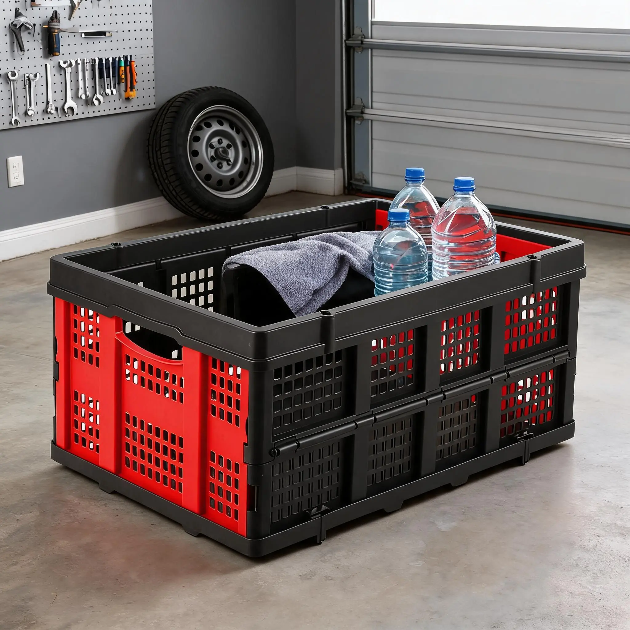 Collapsible Milk Crate, 14.5 Gallon Stackable Heavy Duty Plastic Storage Crate with Handle, 55 Lb Capacity, Folding Storage Busket Foldable Bin for Home Office Farm, Red