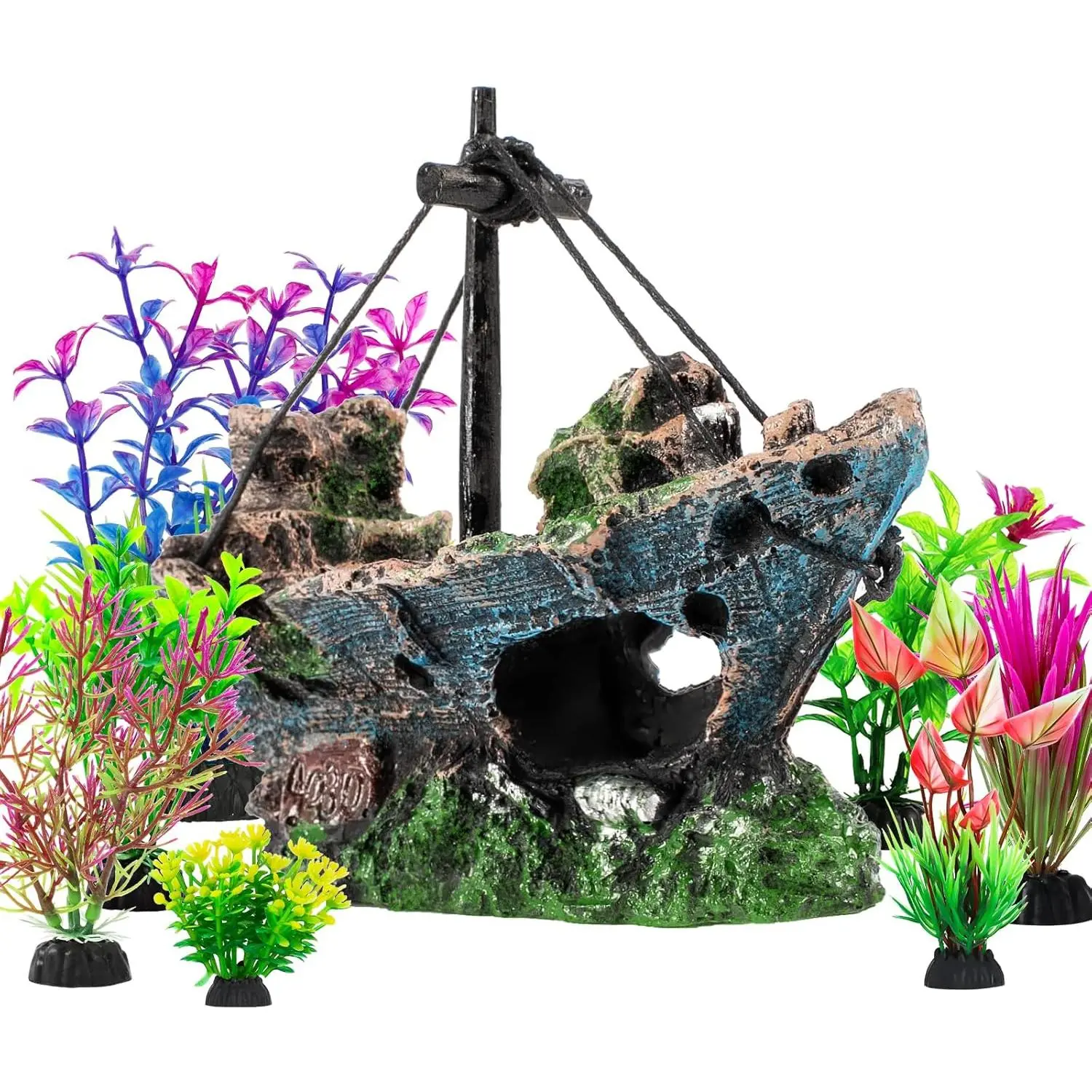 8Pcs Fish Tank Decorations Set Sunken Ship Decoration, Resin Material Fish Tank Accessories for Natural Look, Aquarium Shipwreck x 1pc, Aquatic Plants x 7pcs