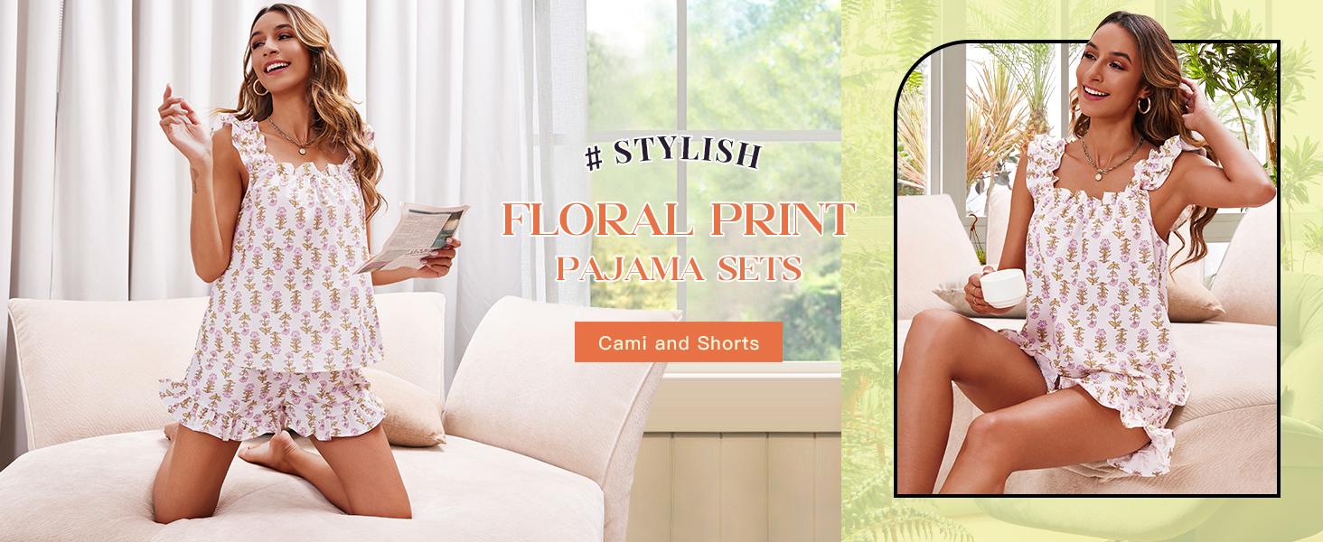 FMEYOA Womens Floral Print Pajama Sets Ruffle Trim Cami and Casual Shorts 2 Piece Lounge Set PJ FMEYOA Womens Floral Print Pajama Sets Ruffle Trim Cami and Casual Shorts 2 Piece Lounge Set PJ