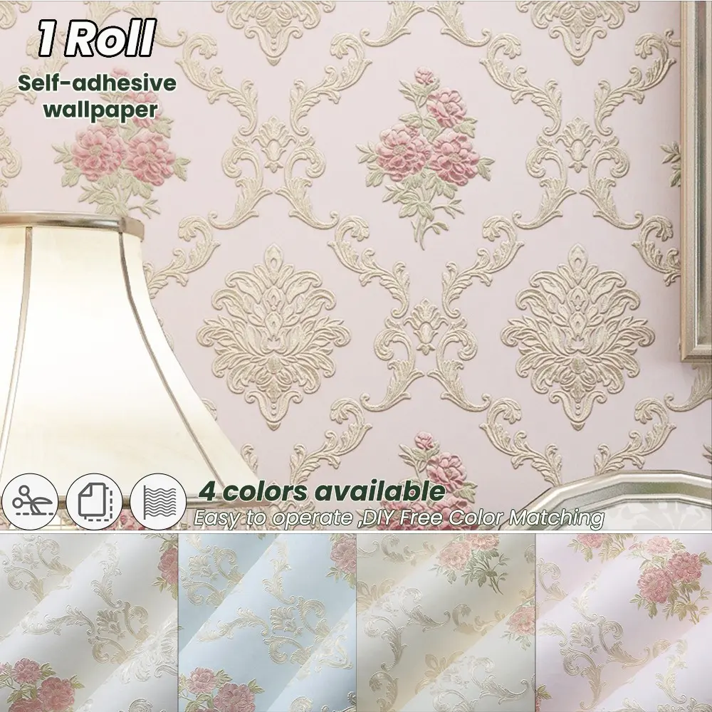 French Non-Woven Vintage Wallpaper Roll, Self-Adhesive 3D Embossed Texture, Ideal for Living Room Bedroom Background Wall Meeting Room Interior Wall, Decorative Wallpaper