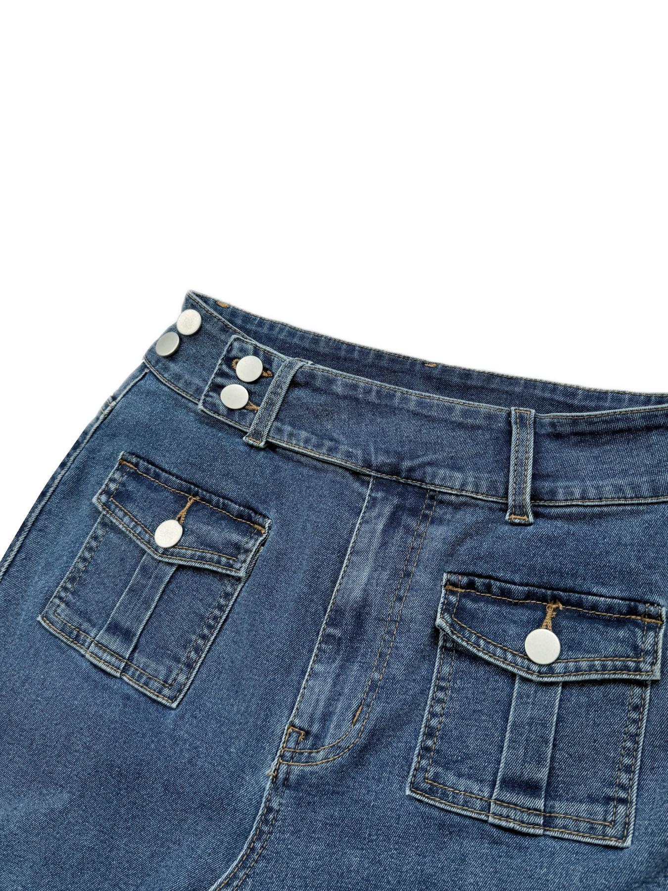 Women's Pocket Leg Stretchy Jeans, Flared High Waist Casual Comfy Bell Bottom Denim Trousers for Daily Wear, Ladies Bottoms for All Seasons