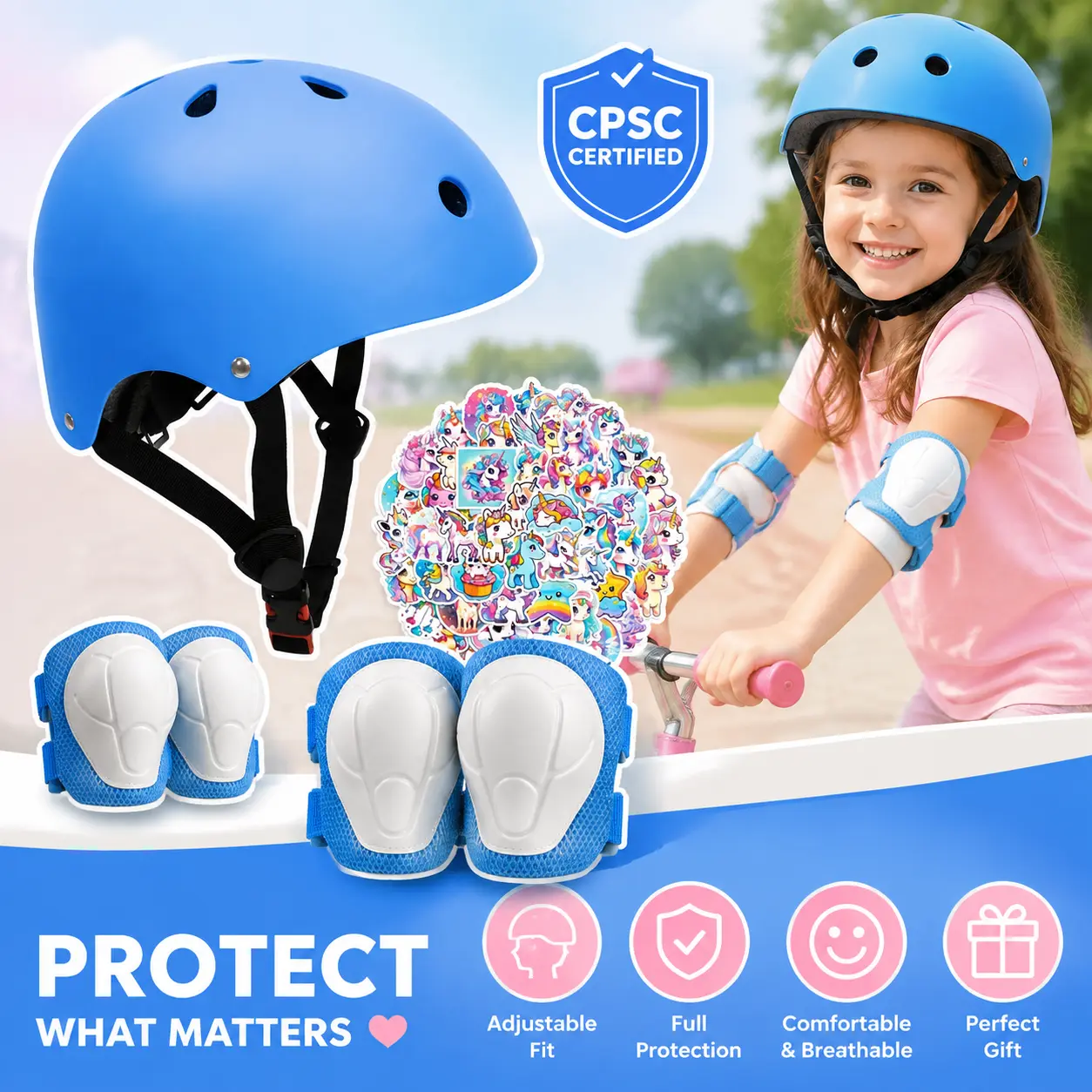 Kids Bike Helmet Set,CPSC Certified with Knee Elbow Wrist Pads Guards,Toddler Adjustable Blue Helmet for Ages 2-14 Girl Child,Sports Protective Gear Set for Bicycle Skate Scooter Rollerblading