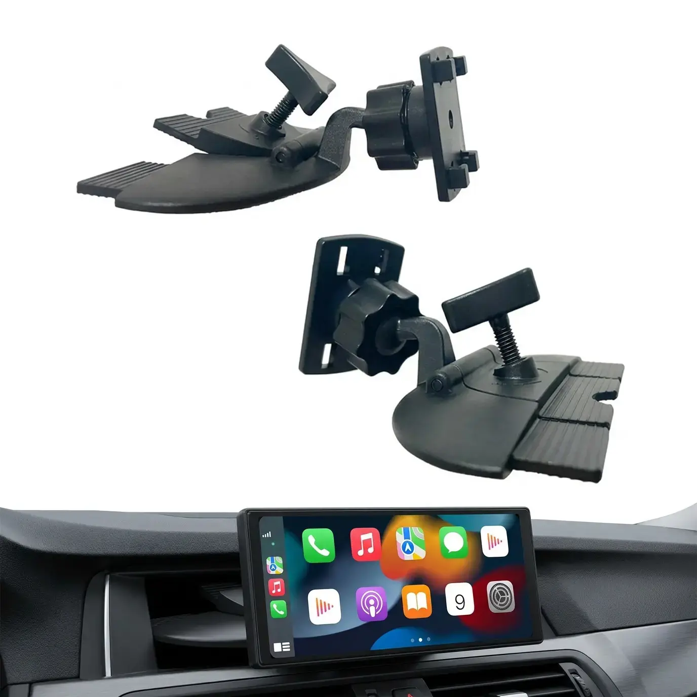 360° Rotatable CD Slot Car Mount | 4-Button Secure Lock for CarPlay Screen