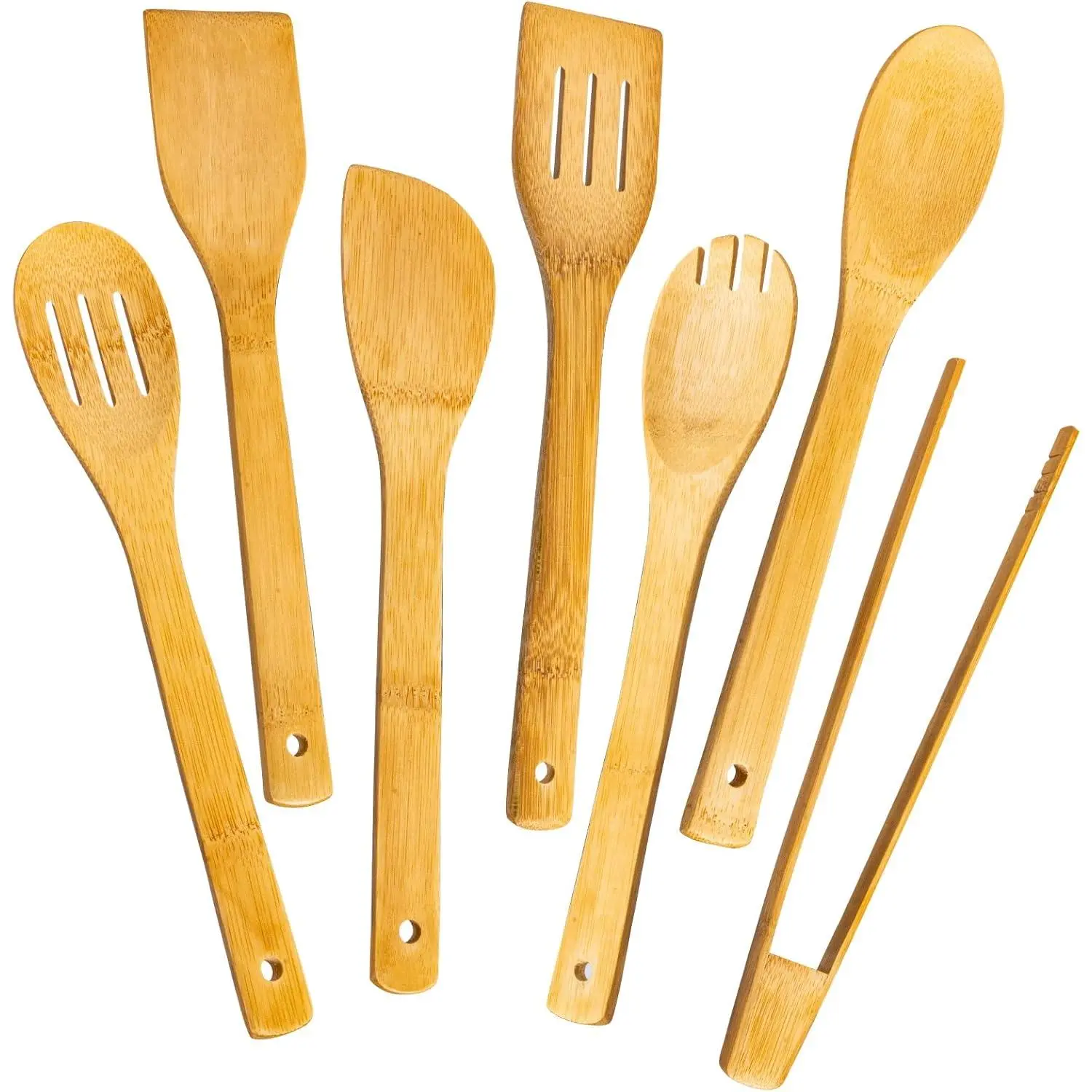 7-Piece Wooden Cooking Spoons, Natural Bamboo Utensil Set| Natural Bamboo with Squared Edges Scrapes Up Fond Easily for Richer Sauce, Lightweight, Sustainable, Naturally Hygienic