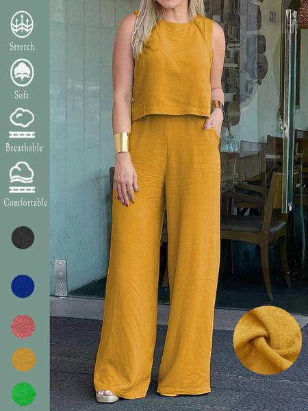 Elegant Solid Two-Piece Set, Loose-Fitting Sleeveless Top and Wide-Leg Pants with Pockets, Comfortable for Summer Travel and All Seasons