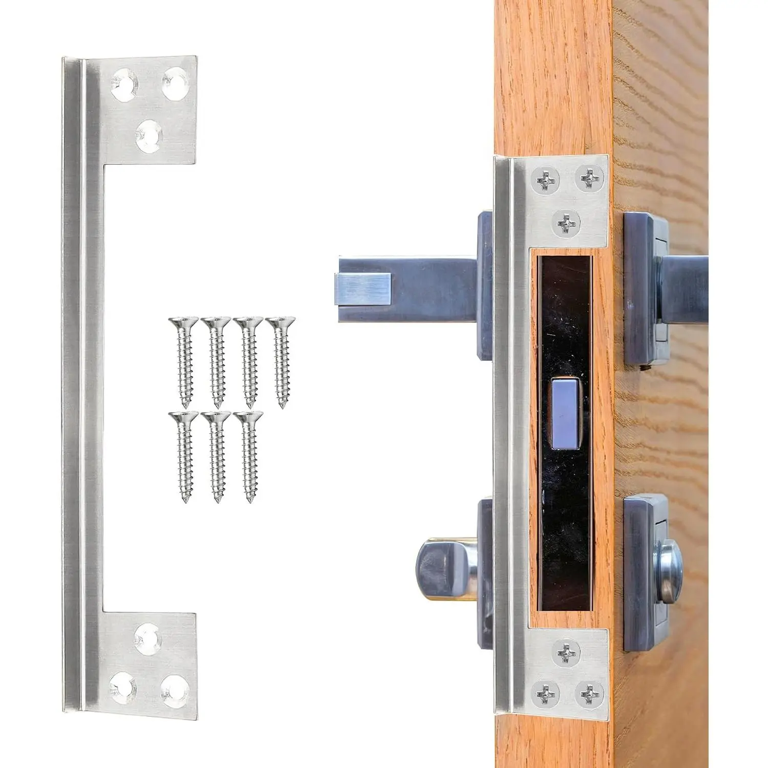 Door Latch Guard Plate, 7" L-Shaped Door Reinforcement Plate, Stainless Steels Outswing Door  Latch Protector, Door Lock Cover to Block Access to Door Lock Deadbolt (1 pcs,)