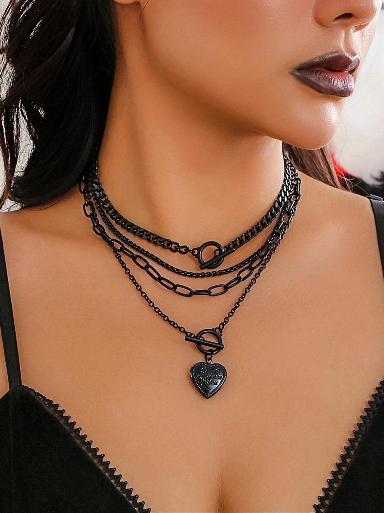 Women's Punk Style Heart Design Pendant Necklace & OT Buckle Chain Necklaces, 4 Counts Fashion Charm & Chain Necklaces, Gothic Mystery Jewelry, Trendy Goth Jewelry for Birthday Gift