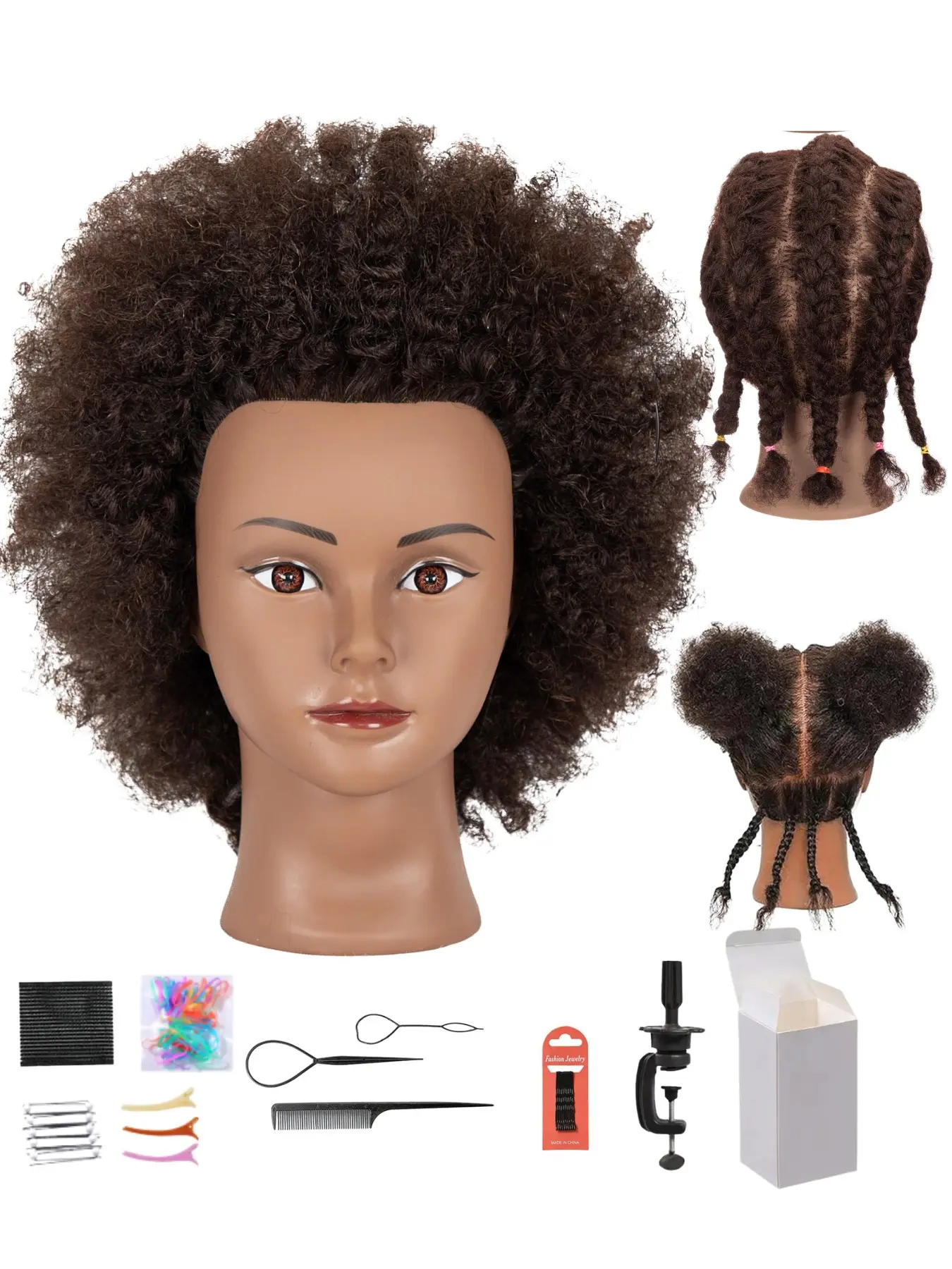 100% Human Hair Mannequin Head with Realistic Eyes for Women and Kids, Afro Curly Hair Styling Training Doll Head with Clamp Stand and Accessories, Professional Cosmetology Practice Model for Braiding, Wig Making, Hair Cutting, Coloring, Makeup Training