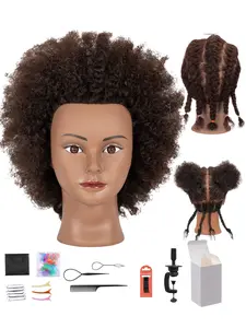 100% Human Hair Mannequin Head with Realistic Eyes for Women and Kids, Afro Curly Hair Styling Training Doll Head with Clamp Stand and Accessories, Professional Cosmetology Practice Model for Braiding, Wig Making, Hair Cutting, Coloring, Makeup Training