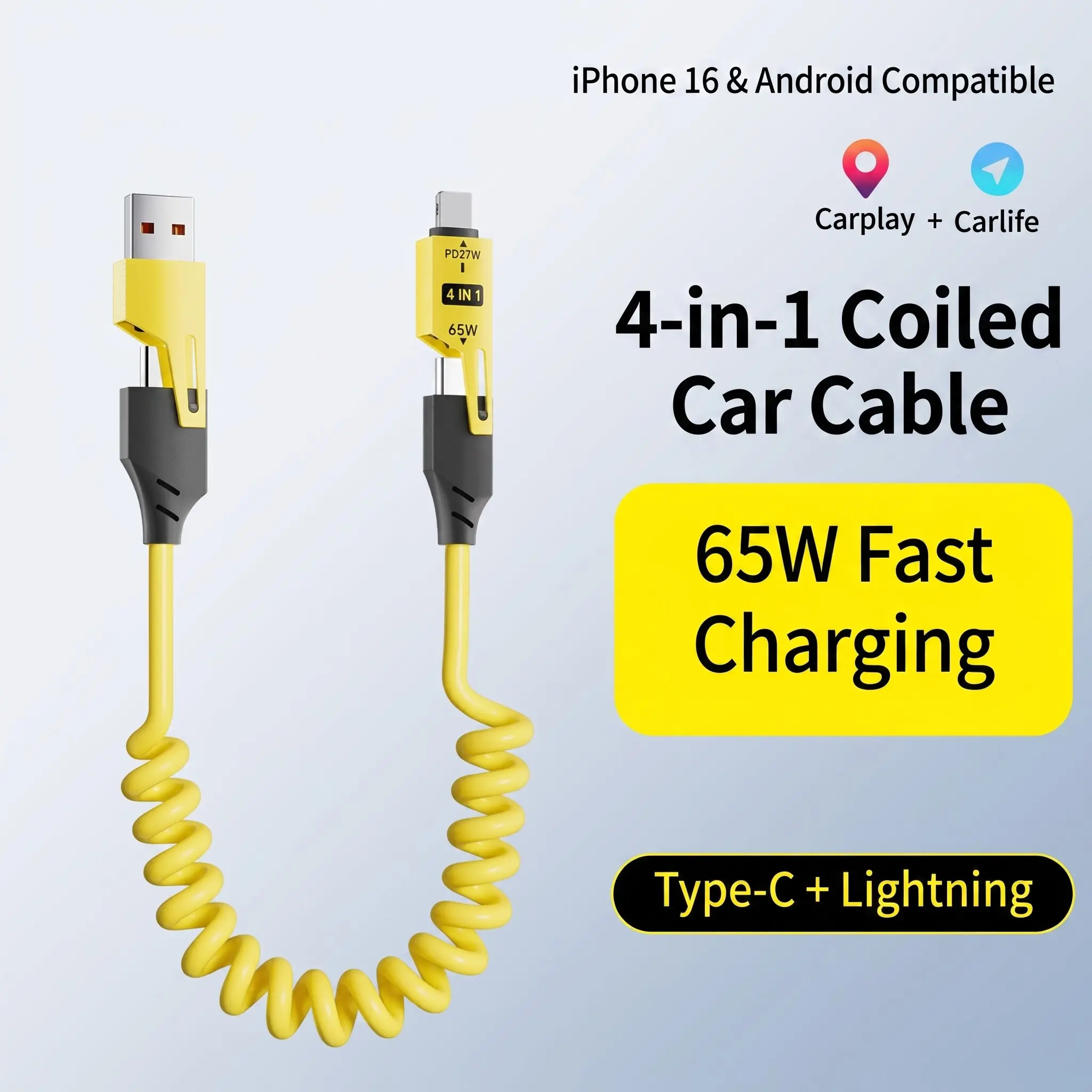 65W PD Fast Charging Cable, 4 in 1 Multi Charging Cable with USB C, Lightning and USB A Connectors, Universal Charger Cord for iPhone 17 16 15, Samsung Galaxy, Android Phone, Tablet and Laptop