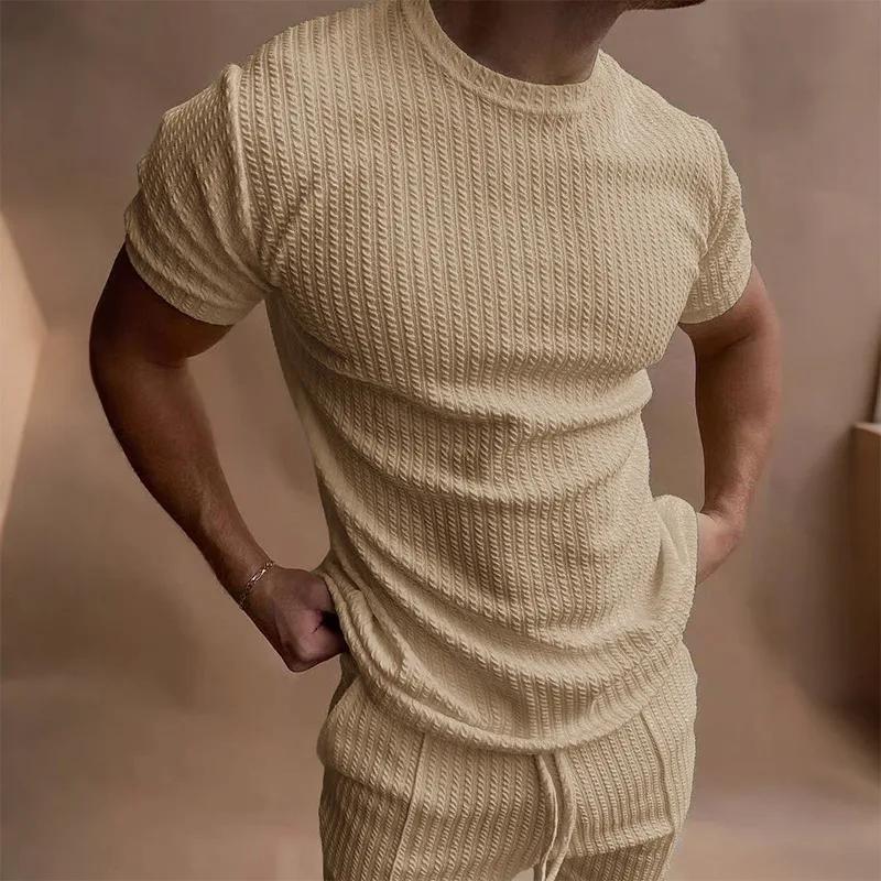 Kyn Apparel Men's Waffle Knit Two Piece Set Solid Color Short Sleeve T-shirt & Elastic Waist Shorts Casual Loungewear Tracksuit