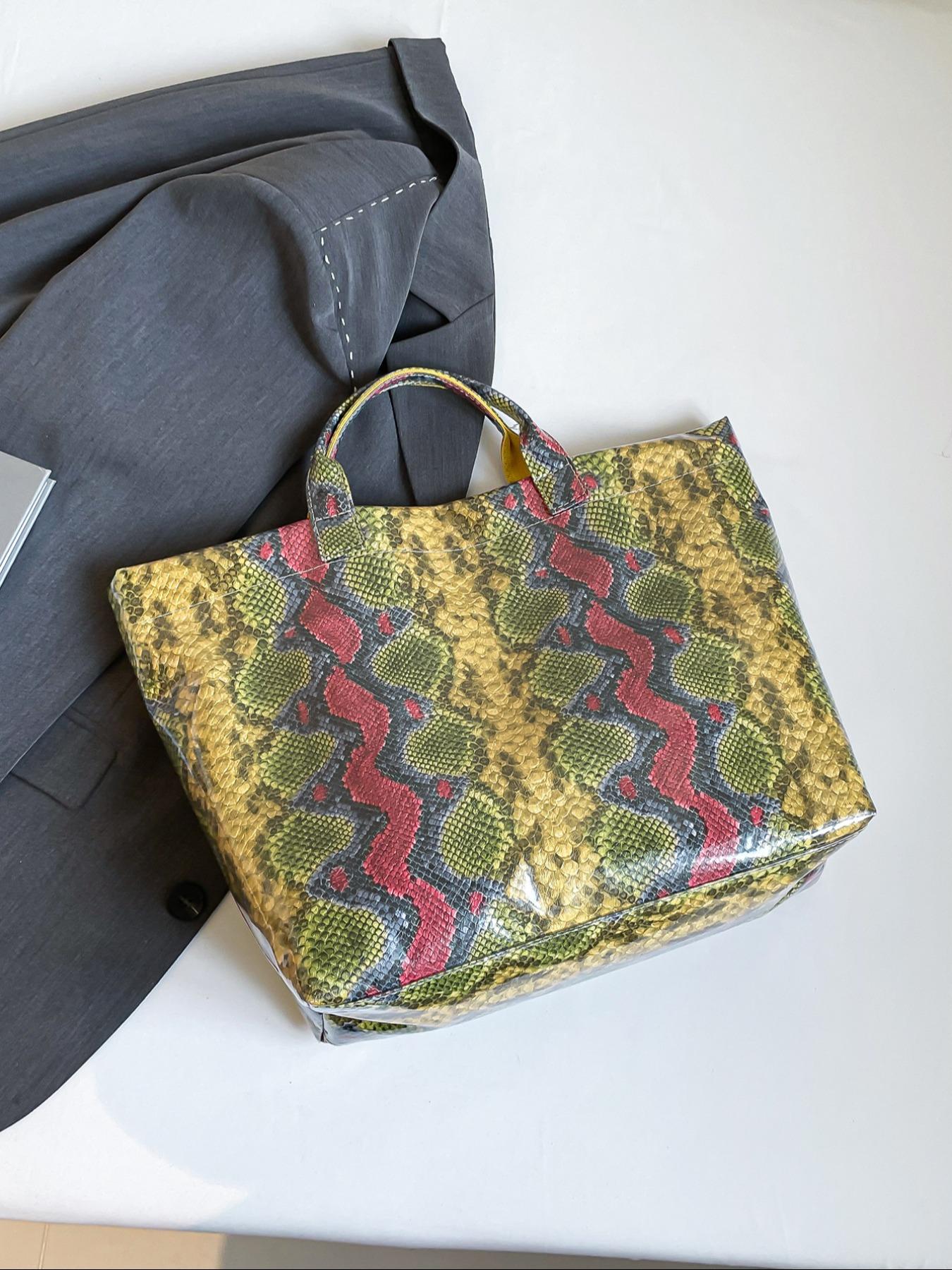 Fashionable Snakeskin Print Tote Bag, Large Capacity Shoulder Bag for Women, Casual Trendy Versatile High-quality Daily Commuting Bag, casual commuter bag, Casual Shopping Bag, Girl Fashionable  Unique Bags