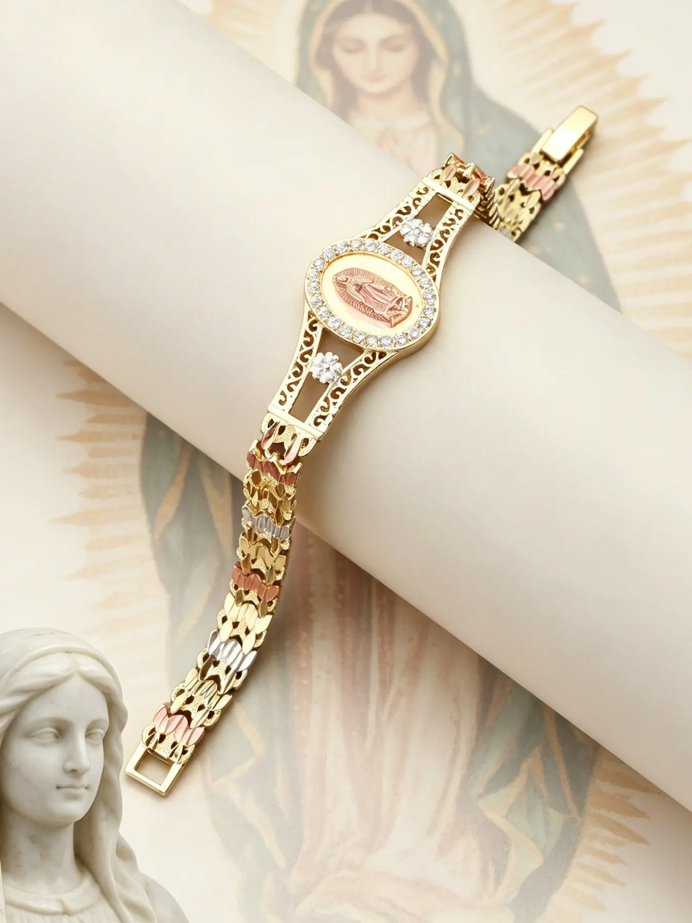 1 Piece Tri-Color Copper Religious Bracelet, Copper Metal Bracelet, Copper chain bracelet, Saint Jude & Our Lady of Guadalupe Charm Bangles, Catholic Believers' Faith Jewelry, Daily Prayers&Christmas Gifts