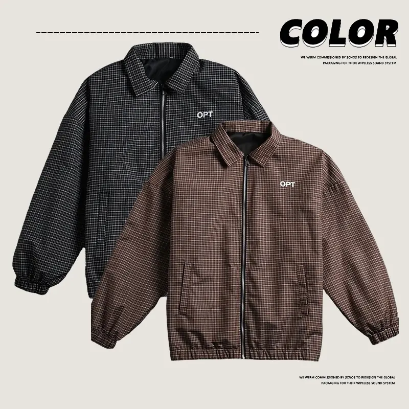 Vintage fine checkered pattern lapel jacket for men, drop shoulder zipper cardigan, simple OPT small letter embroidery checkered casual workwear top, windproof, versatile, commuting long-sleeved jacket