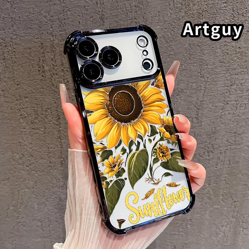 Compatible with iPhone 17 Pro Max 16 15 Plus Air 14 13 12 11 E Phone Case Sunflower Field Four-Corner Drop-Resistant Electroplated Transparent TPU Soft Protective Cover Gift