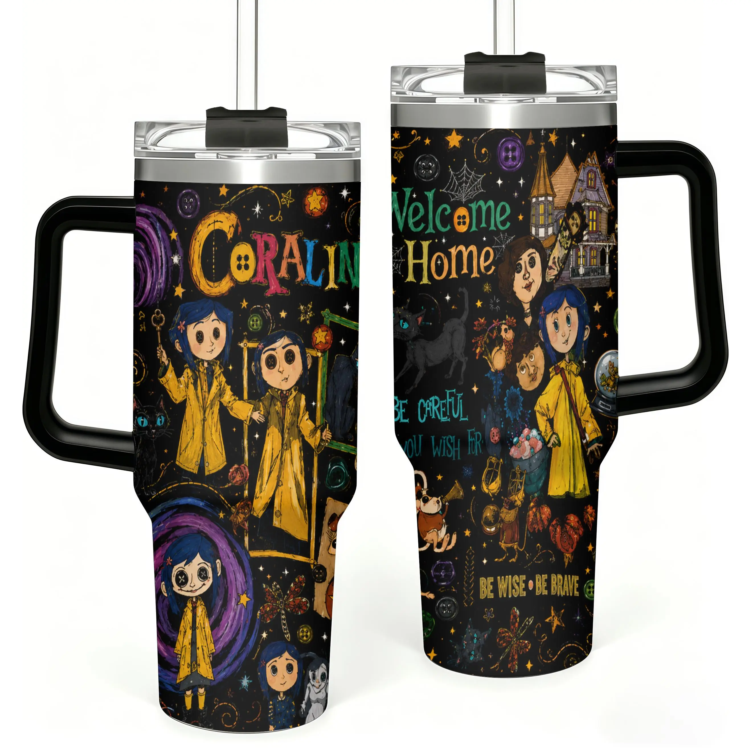 Coraline Welcome Home 40oz Handled Insulated Tumbler, Spooky Fall Halloween Cup Gift For Girls