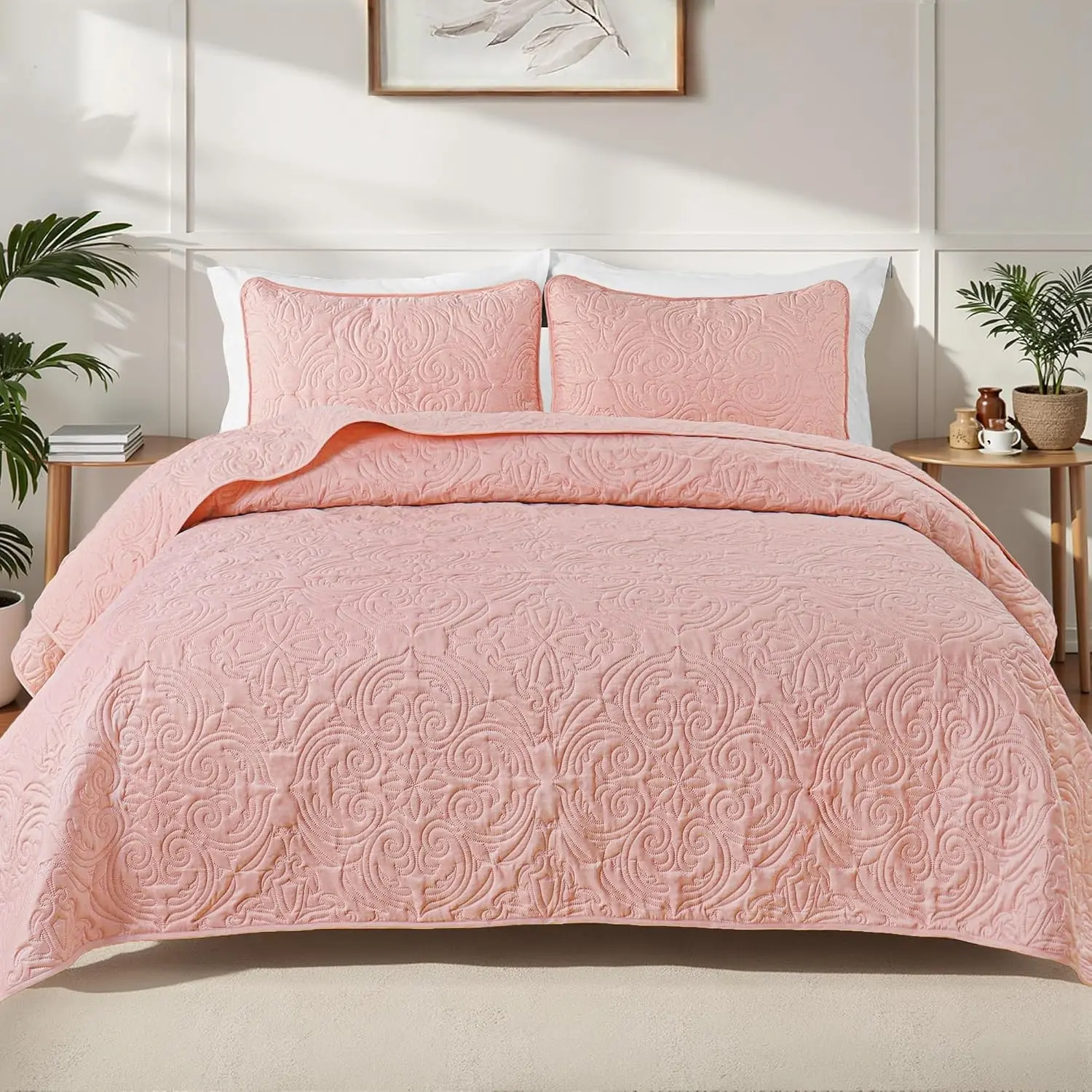 3 Piece Quilts Queen Size Bedding Set, Blush Pink | Lightweight Bedspread, Soft Microfiber, Vintage Damask Pattern, All Season Bed Coverlet with 2 Pillow Shams, 90x96 Inch