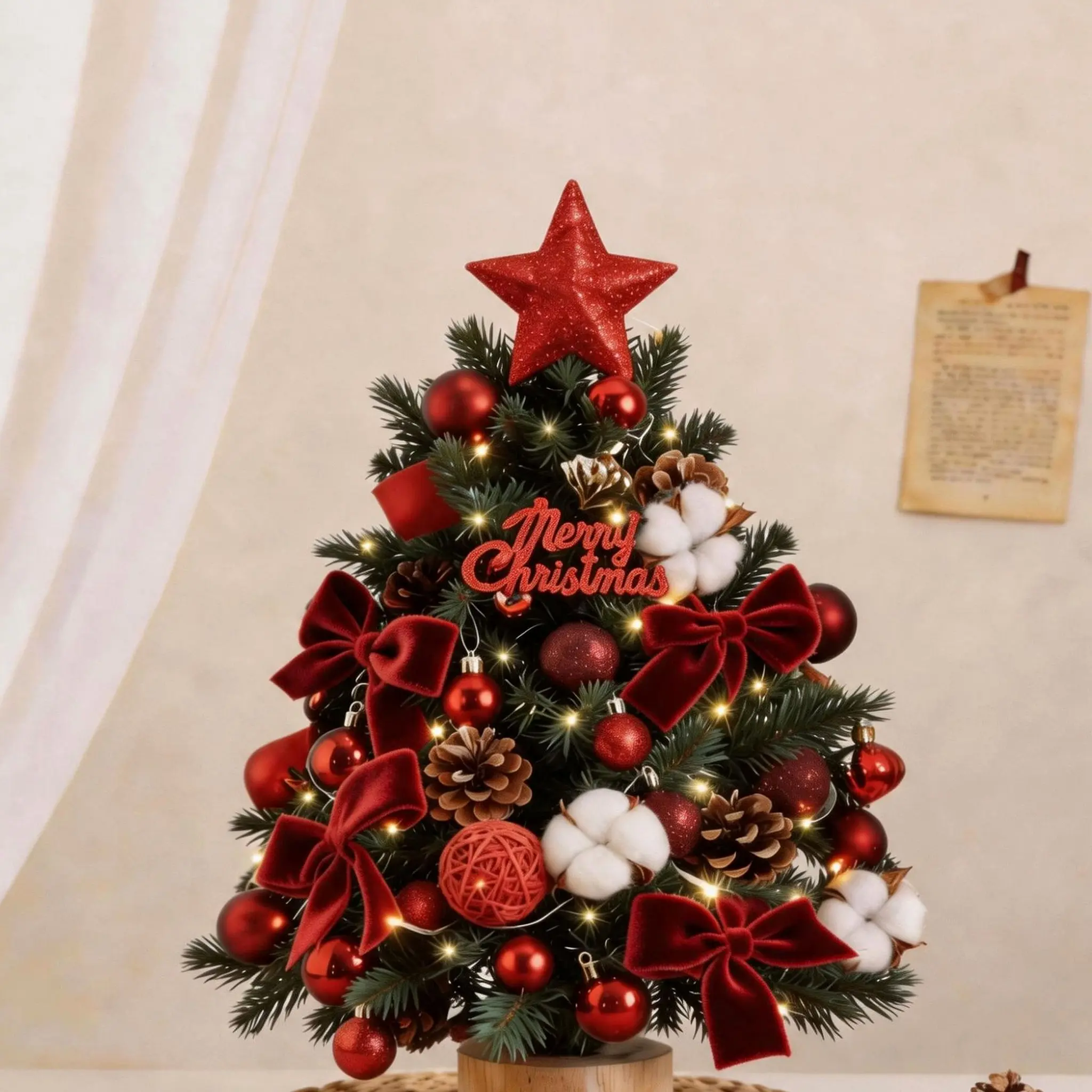 Pre-Decorated Tabletop Christmas Tree with Warm Lights, Red Star Topper, Velvet Bows, Ornaments, Pinecones & Merry Christmas Sign, Mini Artificial Holiday Tree with Wooden Base for Home, Office, Desk, Mantel, Shelf & Festive Holiday Decor