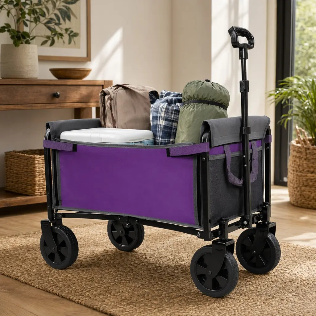 ARCH All-in-One Convertible Folding 4-Wheel Utility Trolley Cart with Bench Seat and Dog Leash, Heavy Duty Foldable Wagon for Camping, Beach, Shopping, Outdoor Storage and Seating, Purple/Gray