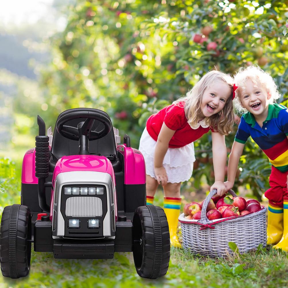 GARVEE 12V Battery Powered Electric Tractor with Trailer for Toddlers 3-6 Years, Featuring Remote Control, 7-LED Headlights, 2+1 Gear Shift, Music Player, USB Port, Rose Red Color, 35W Motor, EVA Tires