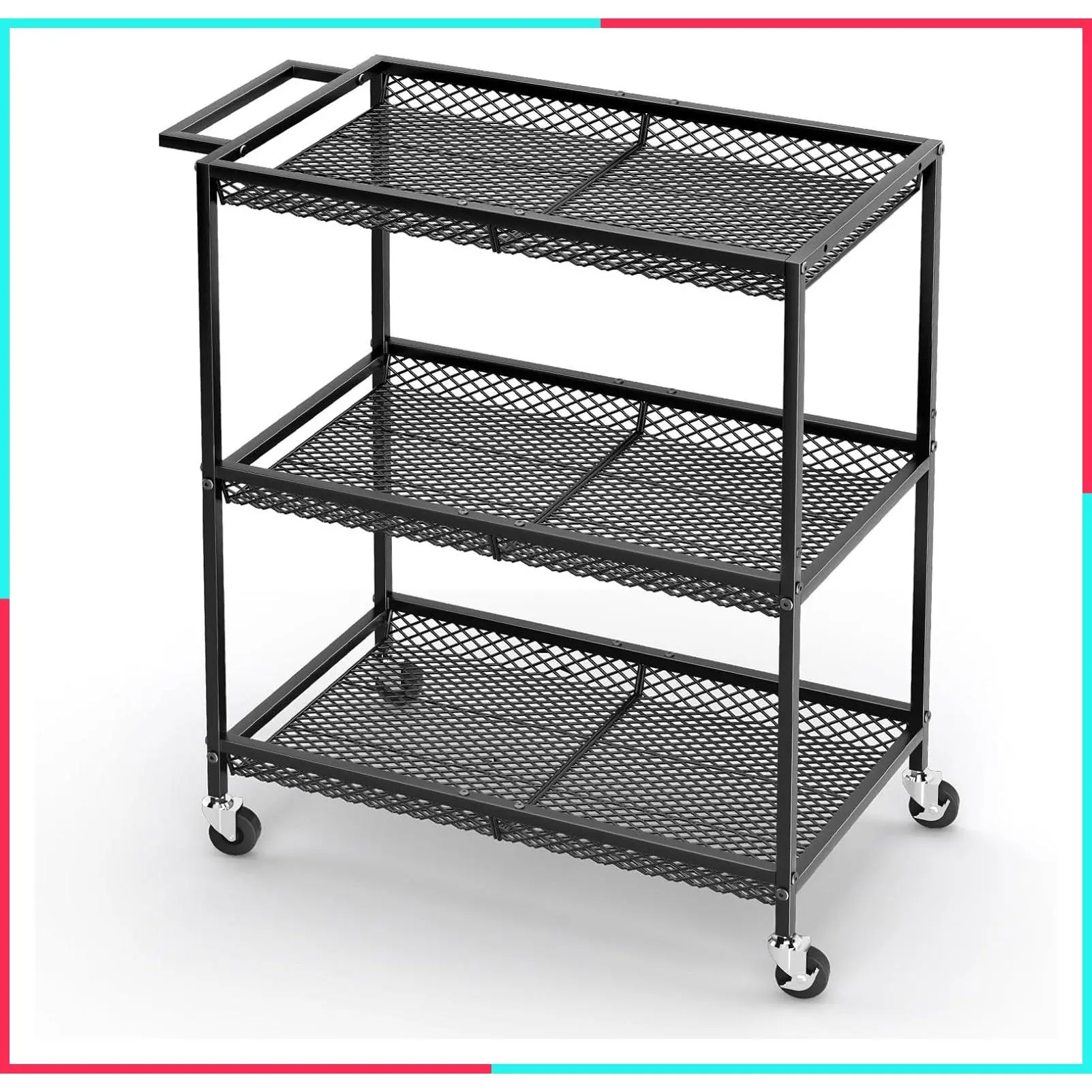 3-Tier Heavy Duty Rolling Utility Cart with Handle, Metal Wire Storage Trolley on Wheels for Kitchen, Laundry, Office, Garage, Plant Shelf Serving Cart