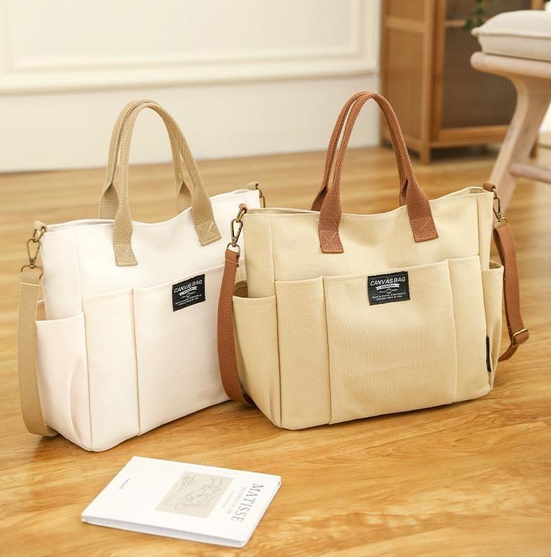 2026 Trendy Preppy College Canvas Tote - Solid Color Multi-Pocket | Secure Zipper Large Capacity | Convertible Shoulder/Crossbody | Fall Outfits & Thoughtful Gift Must-Have