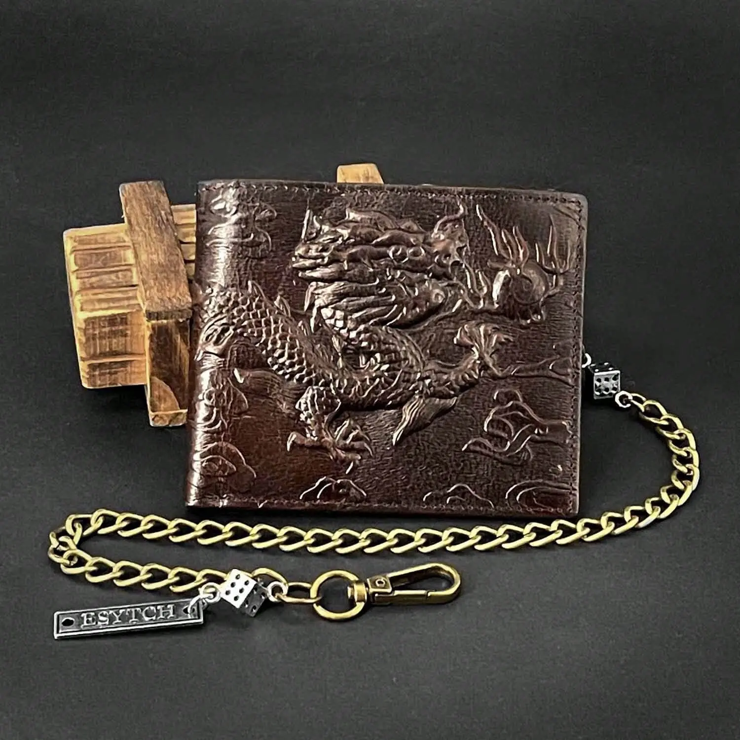 Dragon Real Leather Wallet Vintage Biker Card Holder Purse With Dice Chain Men