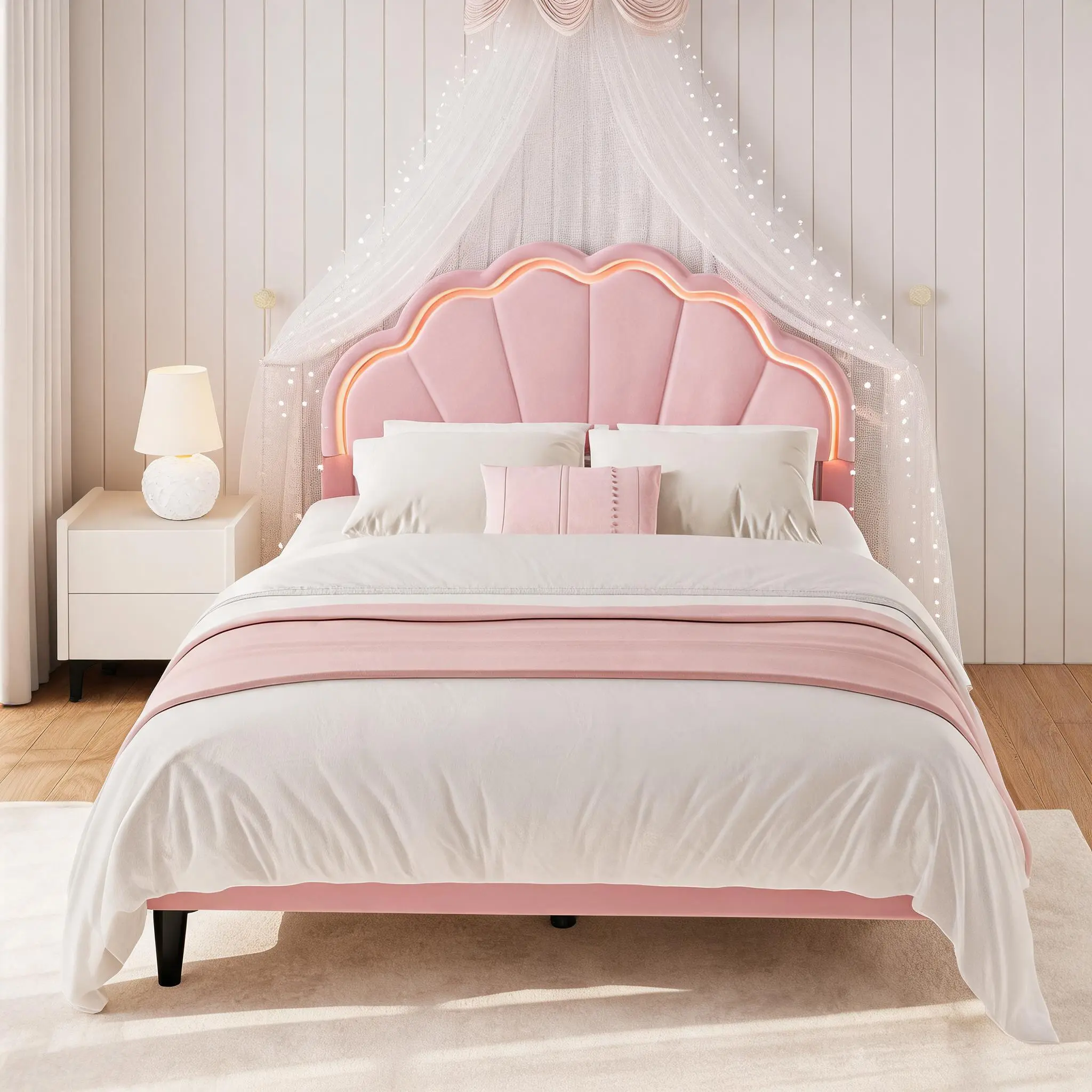 Twin Size Velvet Platform Bed Frame with Seashell Headboard, LED Lights, 700lb Weight Capacity, No Box Spring Needed, Under-Bed Storage, Noise-Free Design for Bedroom Decor Ideas,sohochic