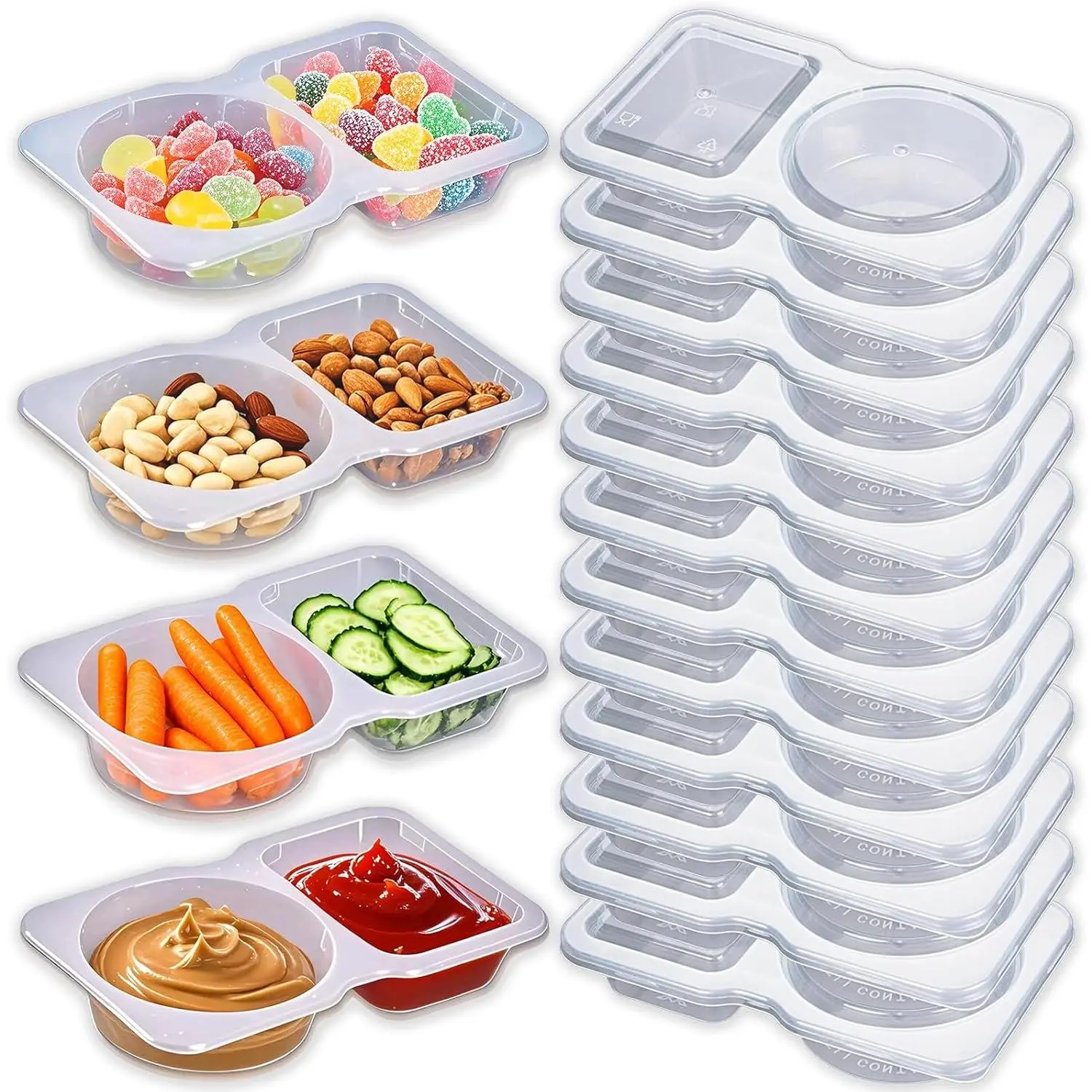 12-Count Double Compartment Kitchen Snack Containers with Lightweight Synthetic Small Sauce Dipping Utensils, Grab&Go Snack Box for Kids & Adults, Small Size