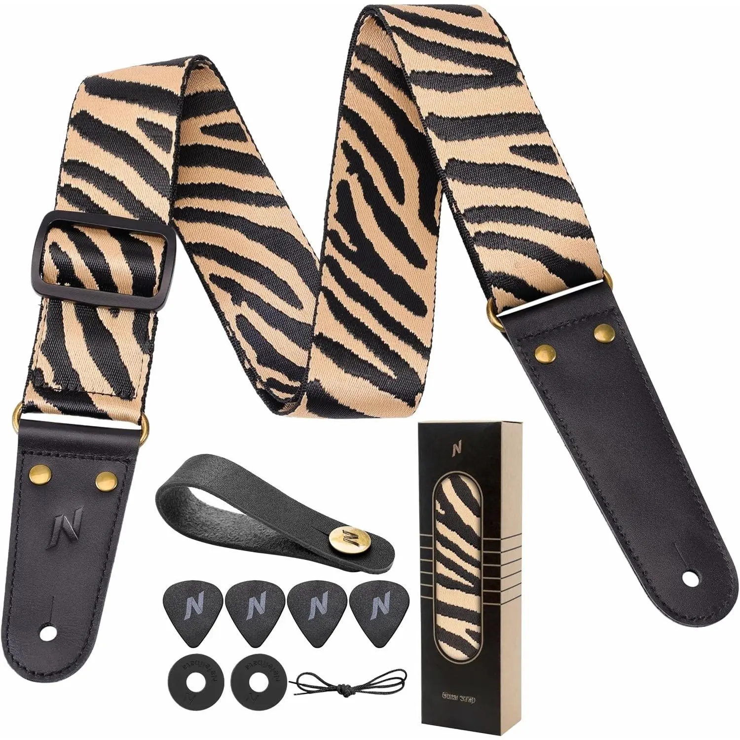 Guitar Strap with Double-layer Full Grain Leather Ends for Bass, Electric & Acoustic Guitars, Free Headstrap, Locks and Picks