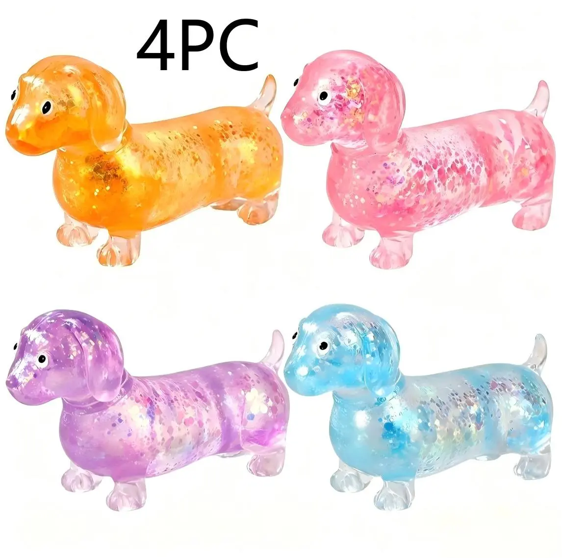 4 PCS Upgraded Sparkly Mini Sausage Dog Stretch Squishies, Glitter Dachshund Fidget Toy, Soft Sensory Stretch Toy for Kids & Adults