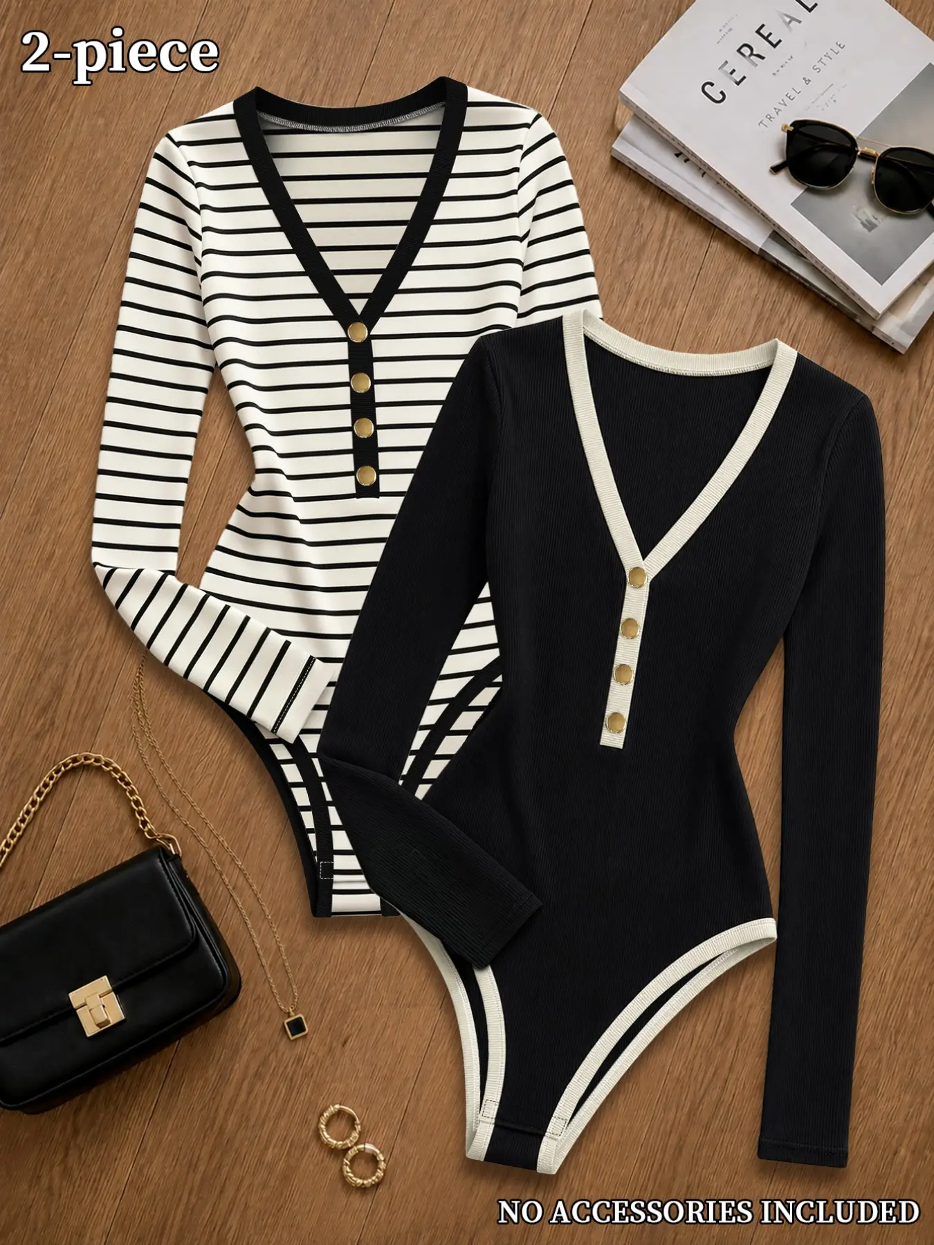 2Pcs Womens V Neck Contrast Trim Bodysuit Retro Elegant Ribbed Long Sleeve Gold Buttons Slim High Stretch Striped Solid Versatile Outerwear For Shopping Date Commute Women Bodysuit