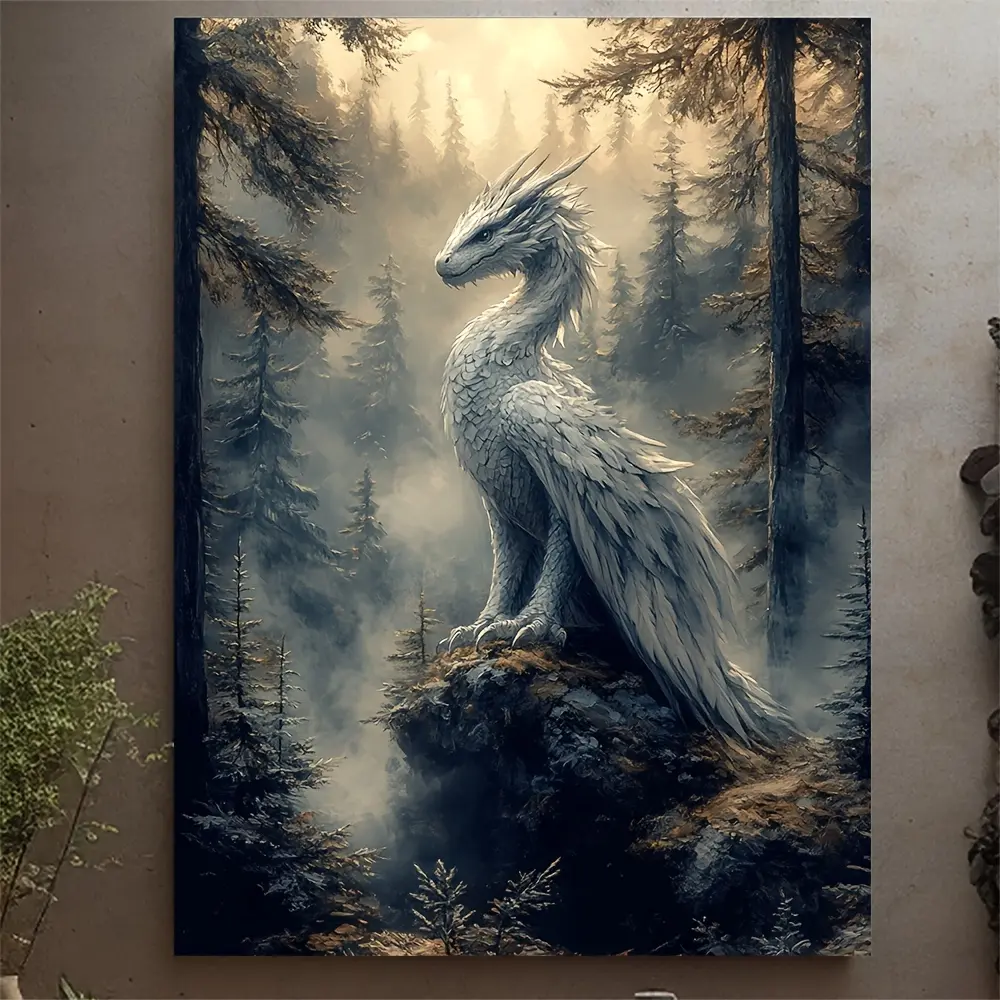 2D Flat, 1Pc Giant Dragon on the Misty Forest Canvas Wall Painting - Wide Format Vintage Bohemian Poster, suitable for walls, dark fantasy creature art, dark natural decor for bedrooms and dorms - Dragon-themed artwork, Thanksgiving, Juneteenth