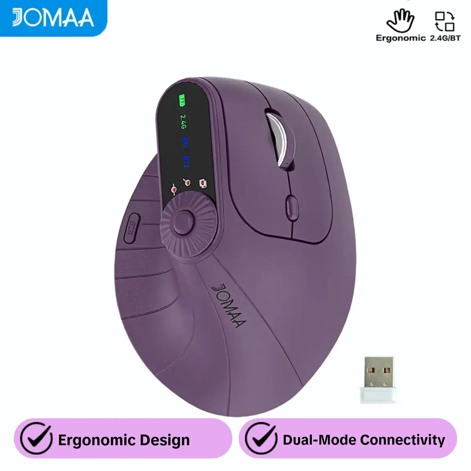 Ergonomic Bluetooth-compatible & 2.4g Dual-Mode Wireless Vertical Mouse, Computer Mouse Wireless, with Led Display, Adjustable Multifunctional Knob, Rechargeable 2400 Dpi, PC/laptop/desktop, USB Receiver, Purple/Black Color