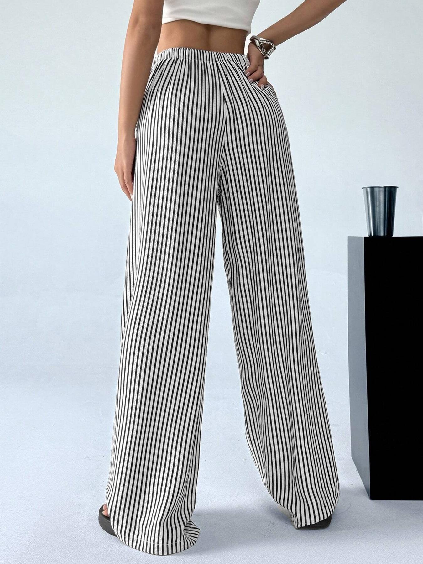 Women's Striped Print Drawstring Waist Pants, Casual Comfy Wide Leg Trousers for Daily Wear, Ladies Bottoms for All Seasons
