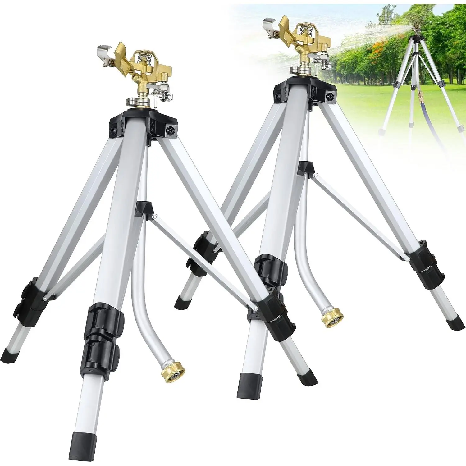 Sprinklers for Yard on Tripod, 2 Pack Heavy Duty 360 Degree Impact Lawn Sprinklers for Yard and Gardens, Adjustable Base with Sprinkler Head Nozzle and 3/4" NH Inlet Hose Connection