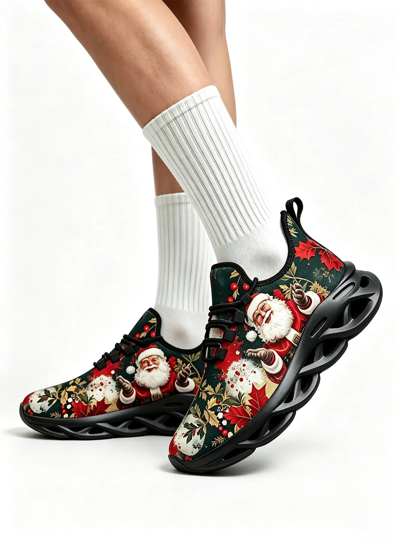 Aesthetic Retro Christmas Graphic Dad Sneakers, Vintage Oil Painting Santa Red Maple Holly Berry Print Shock Absorbing Hollow Blade Sole Shoes, Lightweight Breathable Casual Athletic Trainers Winter Xmas Streetwear Footwear