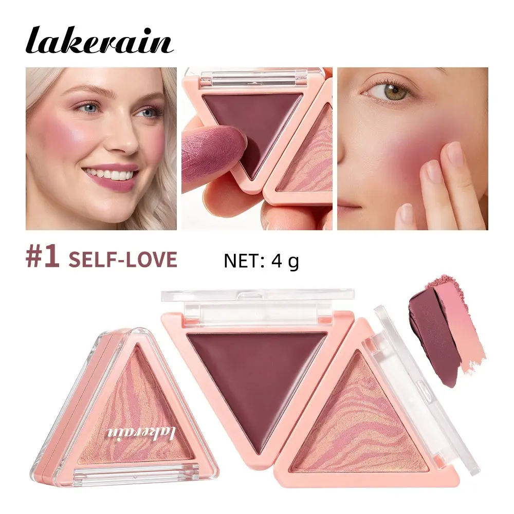 Lakerain Cream & Powder Blush Duo, Two Textures for Layering or Solo Use, Dewy or Matte Finish, Multi-Use as Blush, Eyeshadow & Lip Tint, Blurs Pores & Controls Oil, Travel-Friendly Triangle Case, Makeup