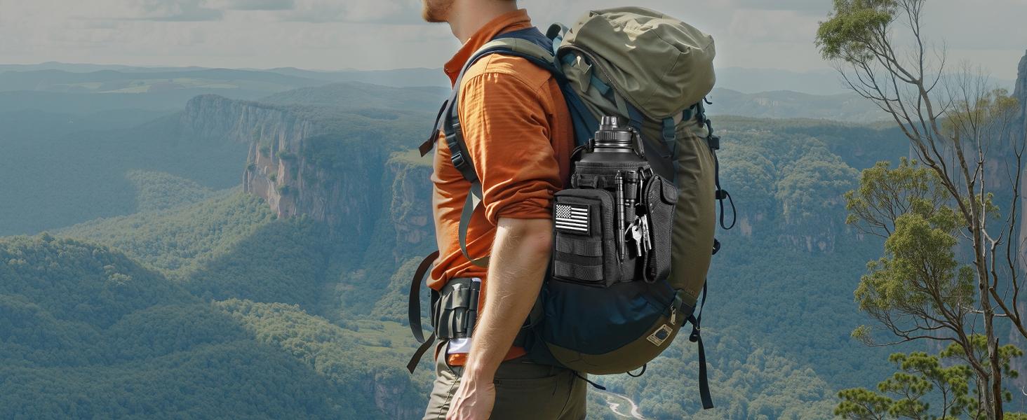 Tactical Half Gallon Water Bottle with Straw, 64 Oz Insulated Water Jug with Molle Water Bottle Holder, Stainless Steel Sport Bottle with 3 Lids for Gym Workout Hiking (Black)