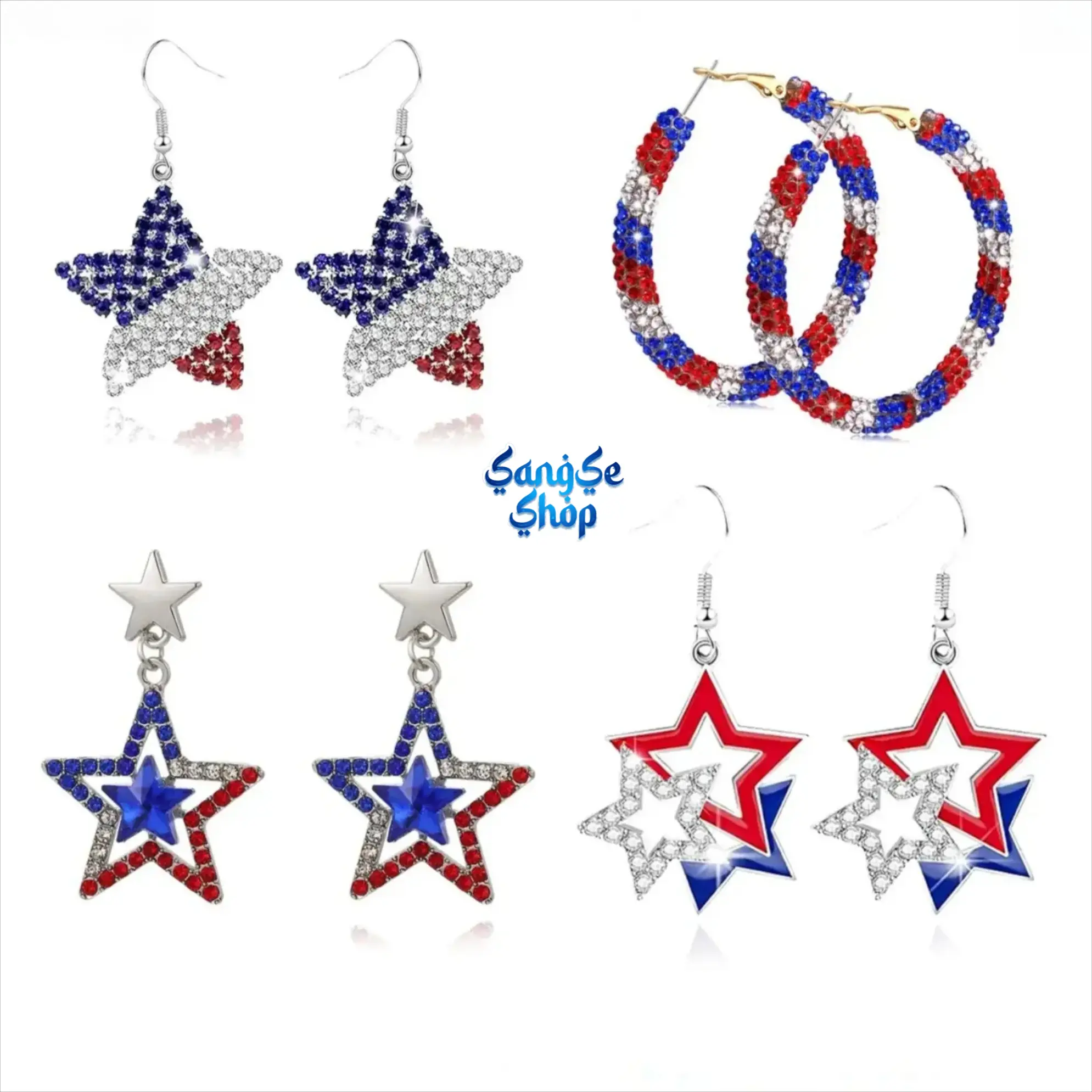 July 4th Independence Day Patriotic Hoop Shape Earrings | Red White Blue Sparkling Rhinestone Crystal Jewelry | American Flag Style Bohemian Party Accessories for Women Girls | Stylish Holiday Gifts for 4th of July Celebrations