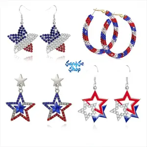 July 4th Independence Day Patriotic Hoop Shape Earrings | Red White Blue Sparkling Rhinestone Crystal Jewelry | American Flag Style Bohemian Party Accessories for Women Girls | Stylish Holiday Gifts for 4th of July Celebrations