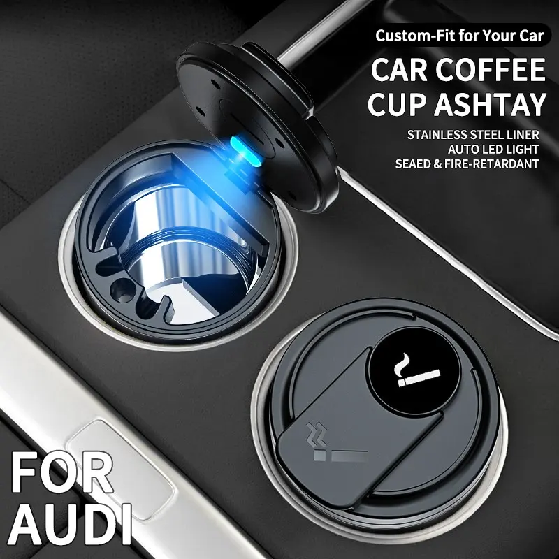 Fits Audi cars A3, Q3, Q4 e-tron, Q5, Q7, A5, Q8, A6. In-car coffee cup ashtray, stylish and classy, self-extinguishing, thick stainless steel fireproof liner, cool-to-the-touch even when smoking hot.