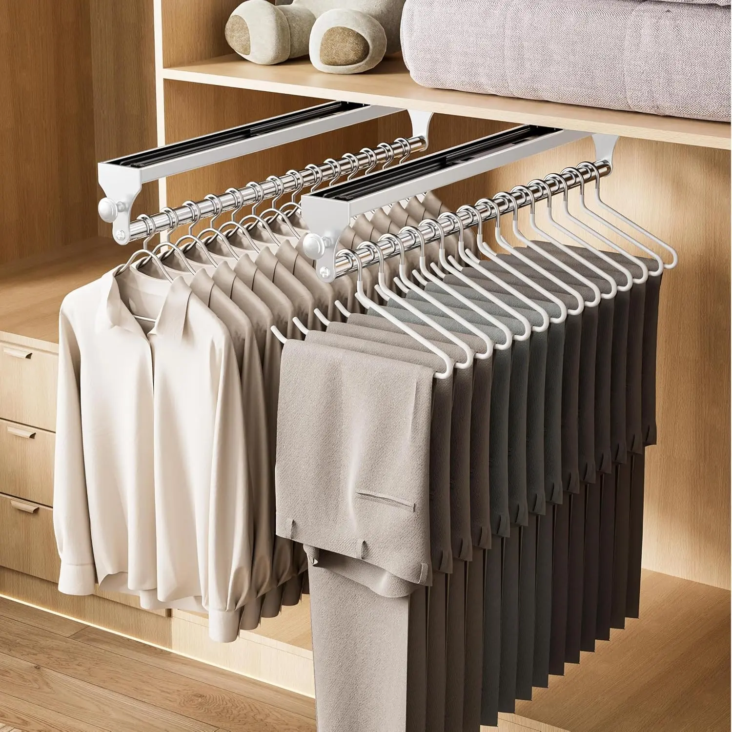 2 Pack Pull Out Closet Valet Rod, Heavy Duty Adjustable 13.7inch Telescopic Pant Rack, Space Aluminum Clothes Hanger Rail, Closet Storage Organizer for Trousers Clothes White