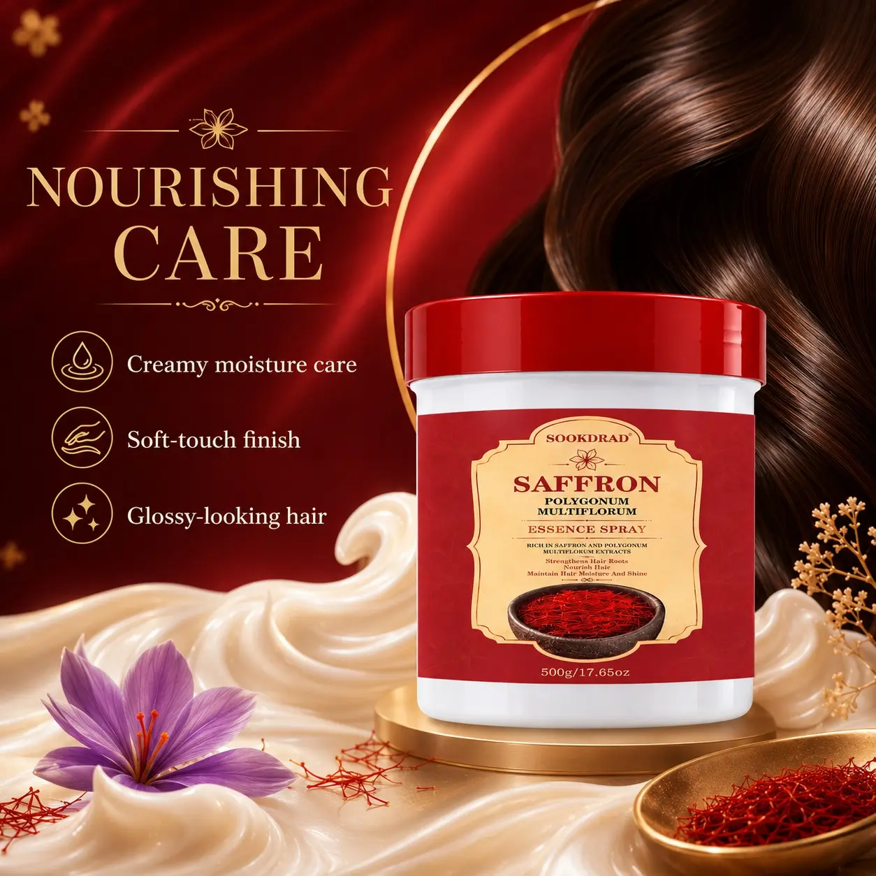 Saffron Polygonum Multiflorum Essence Spray, saffron extracts, polygonum multiflorum extracts, strengthen hair roots, nourish hair, maintain hair moisture, maintain hair shine, for hair, 500g/17.65oz