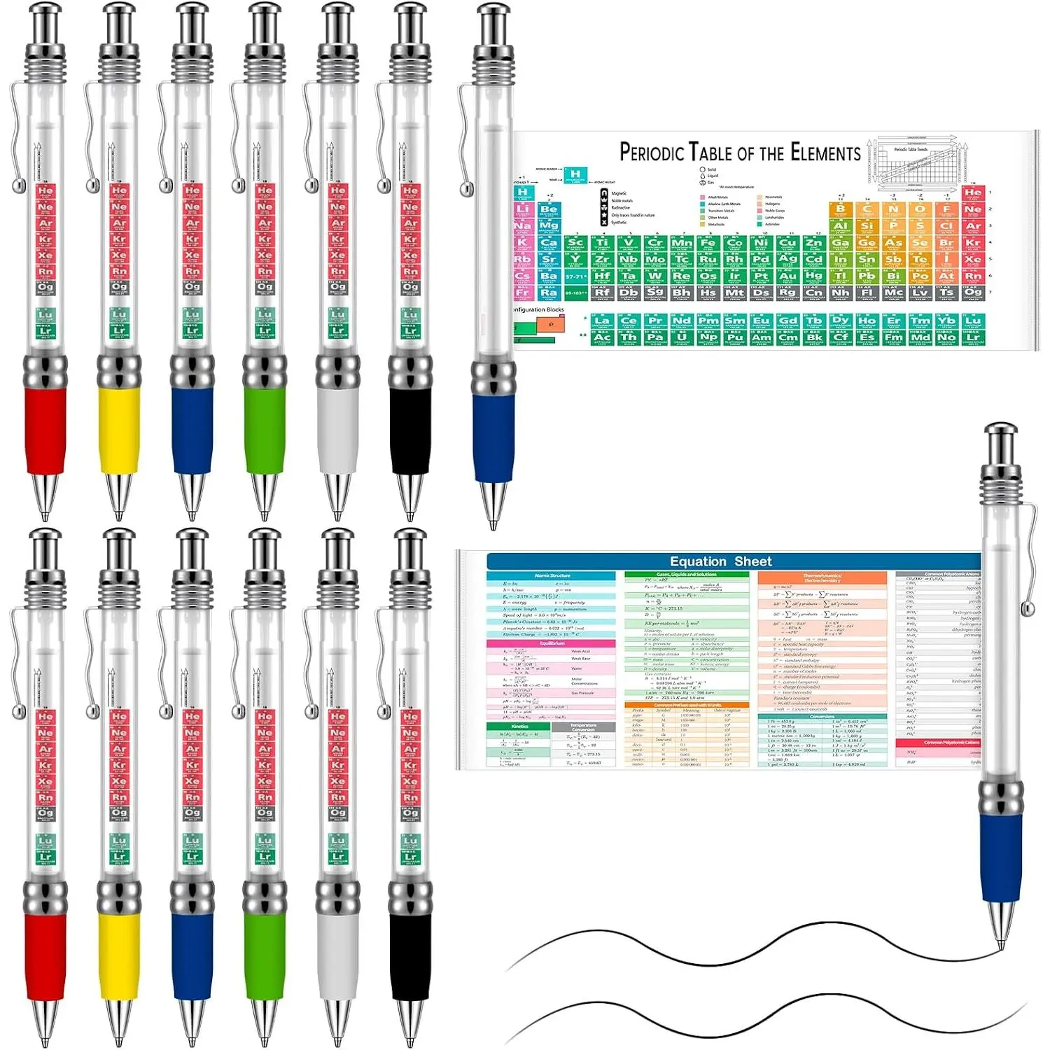 12 Pack Periodic Table Pens Chemistry  Ballpoint Scroll Pens | Periodic Table of  and Equation Inserts, Science Study Tool,  to School Supplies, Bulk Gifts for Students Teachers