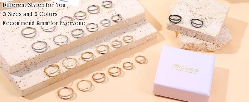 MILACOLATO G23 Titanium Nose Rings Hoops 16G 18G 20G Double Hoop Septum Click Nose Rings Lip Rook Lobe Tragus Helix Cartilage Daith Conch Earrings Clear CZ Paved Nose Piercing Jewelry for Women Men